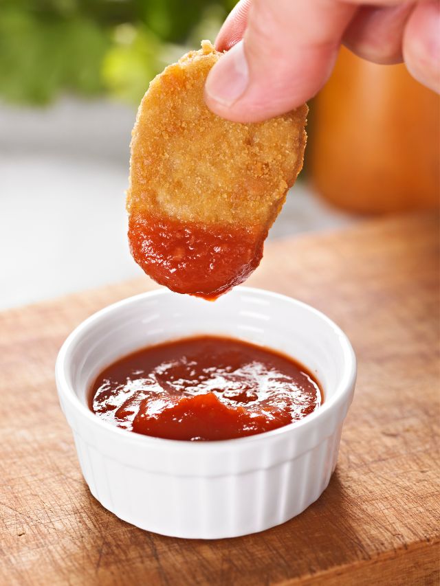 chicken nugget being dipped into ketchup