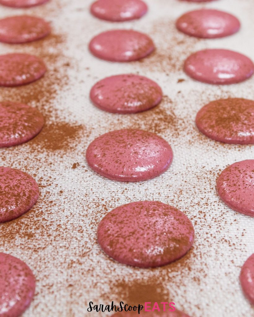 best baking sheet for macarons featuring a tray of pink macarons dusted with cinnamon