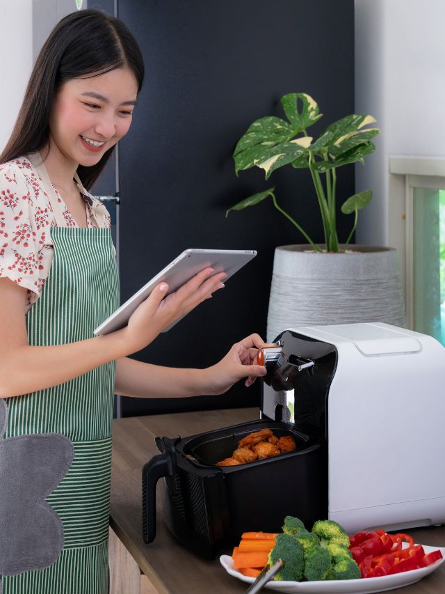 girl cooking with an air fryer and vegetables