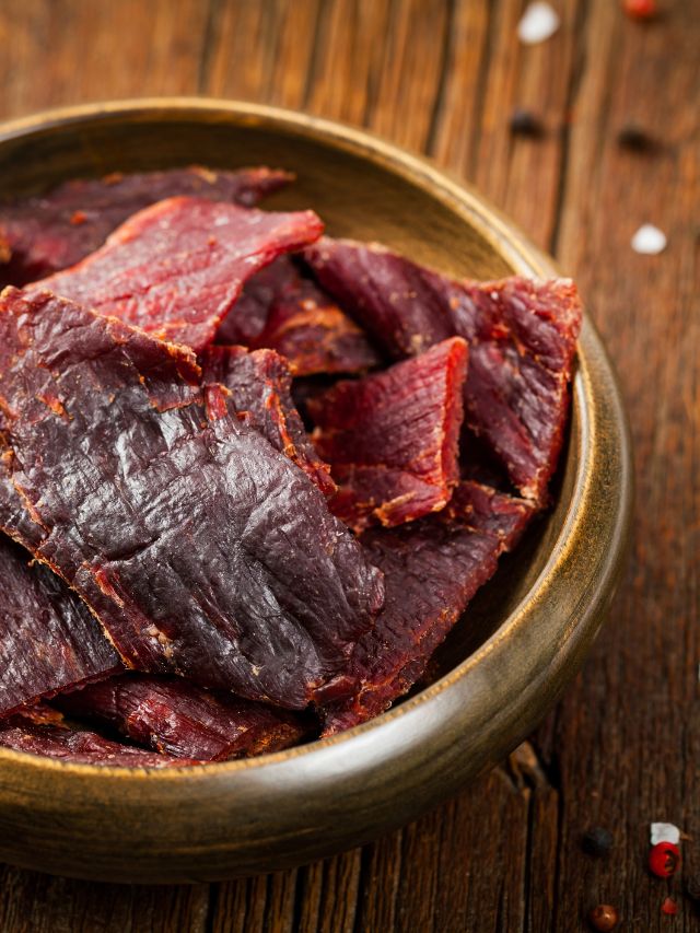 beef jerky cut up in a bowl