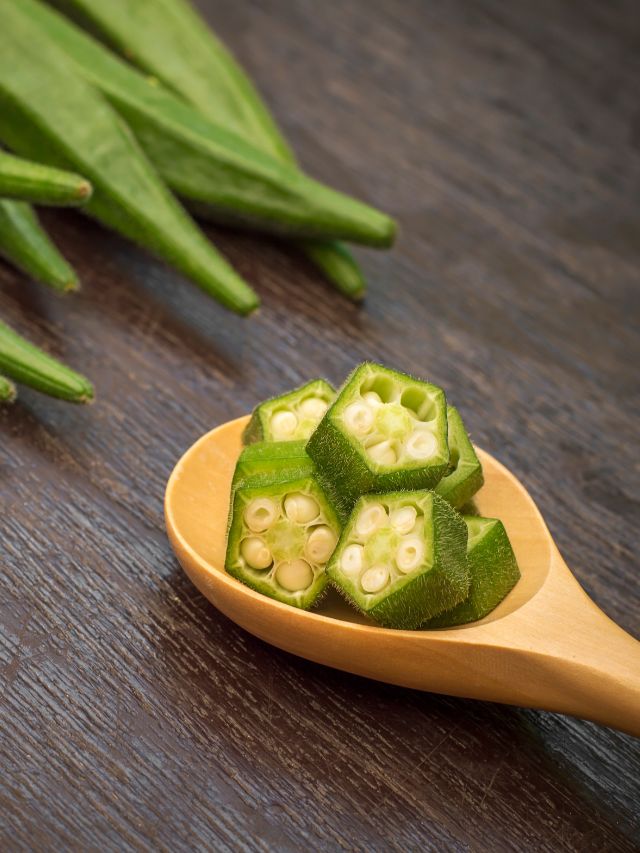 cut up okra on a spoon
