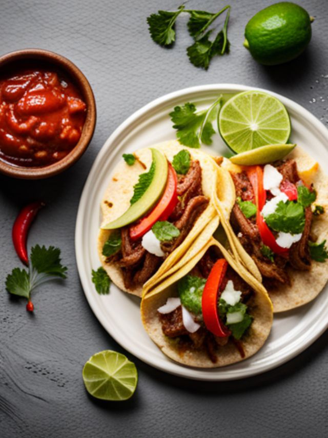 tacos with meat peppers and limes on a plate with salsa