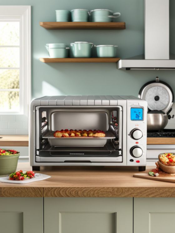 silver countertop toaster oven with food in it