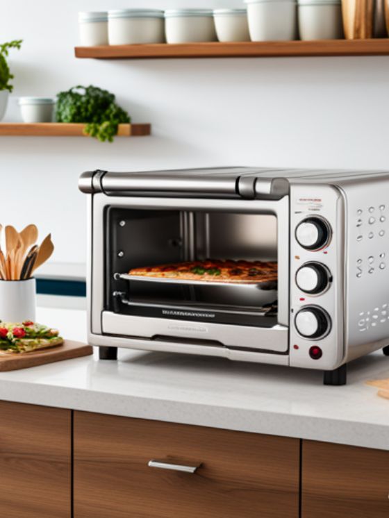 toaster oven with food in it in a kitchen
