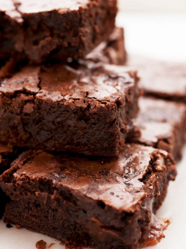 close up of stacked brownies