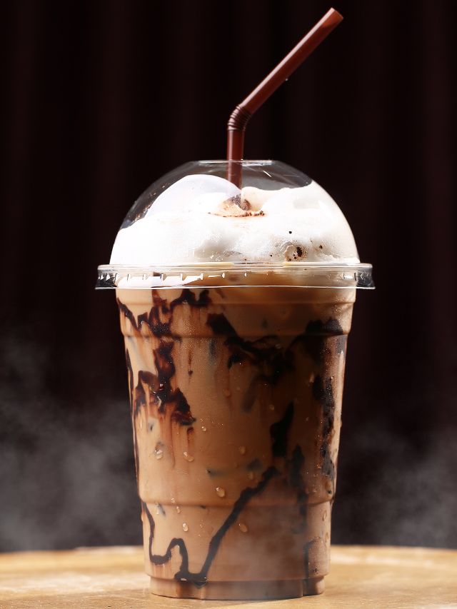 iced mocha coffee in cup with lid and straw