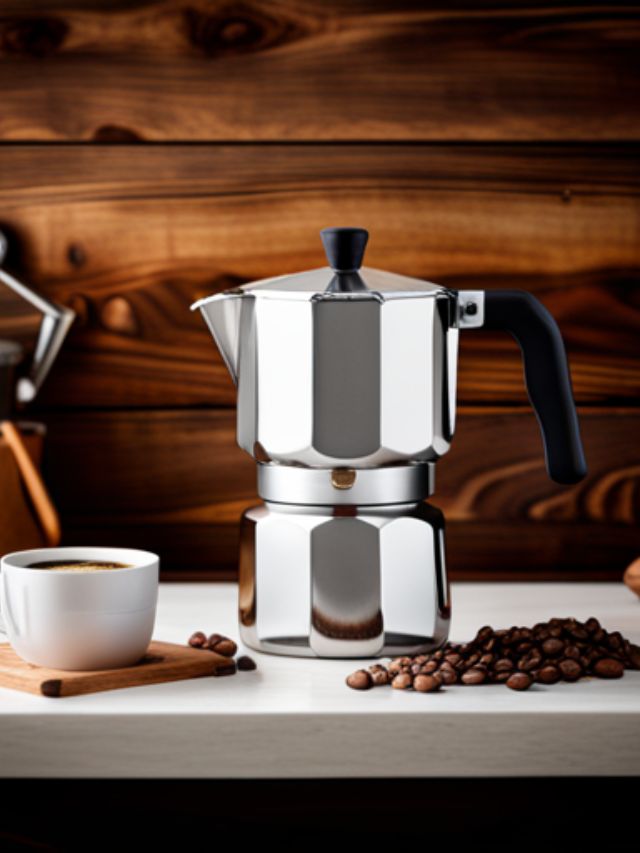 coffee pot for stovetop with beans and cup