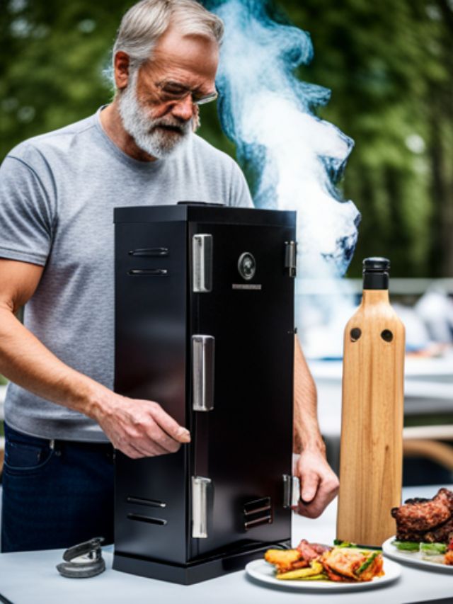 man cooking outside on vertical smoker