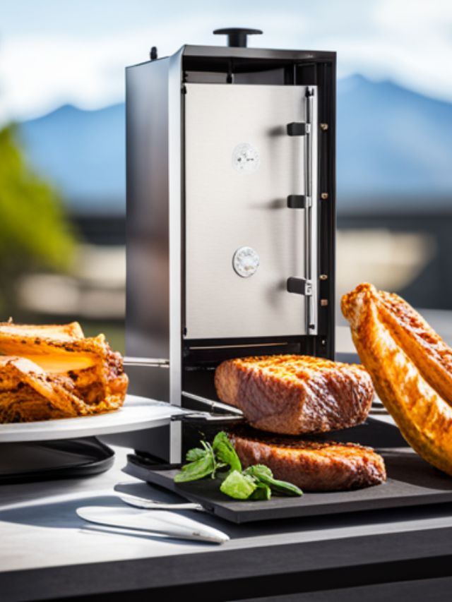 small vertical smoker on countertop outside