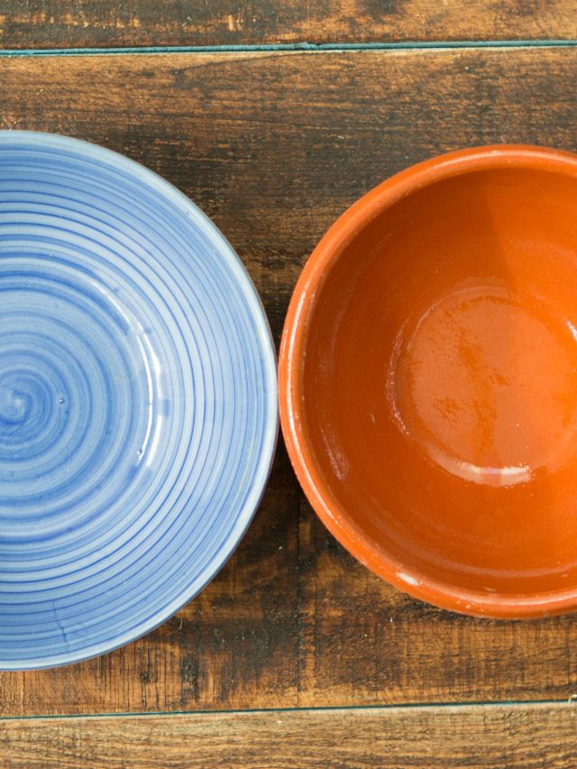 colorful bowl on wooden table