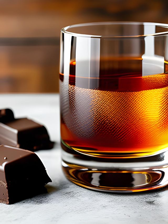 A glass of whiskey and chocolates on a table.