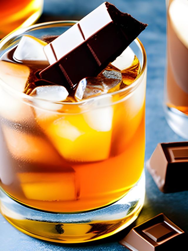 A glass of whiskey with chocolate ice cubes and a chocolate bar.