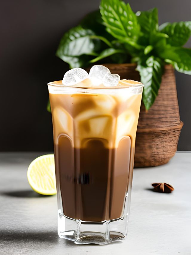 An iced coffee with ice and a slice of lime.