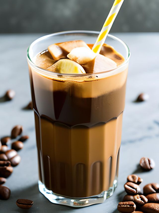 An iced coffee with bananas and coffee beans.