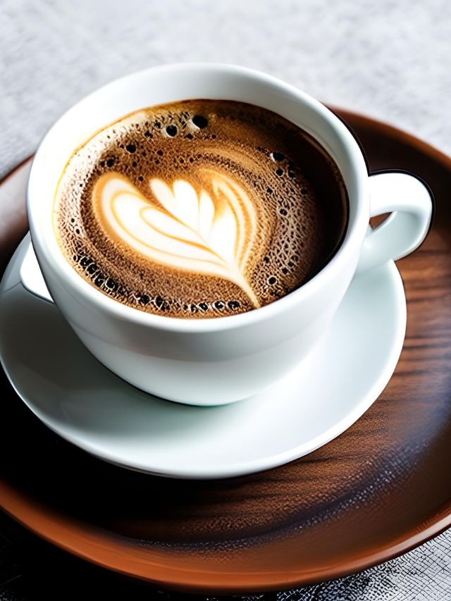 A cup of coffee with a heart shaped latte art.