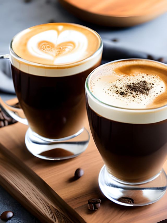 Two cups of coffee with latte art on a wooden board.