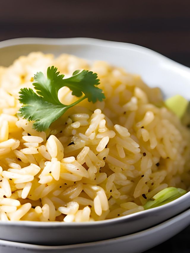 close up of rice with a garnish on top