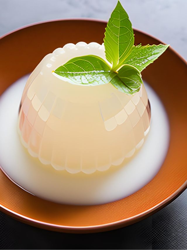 lychee jelly on plate with garnish on top