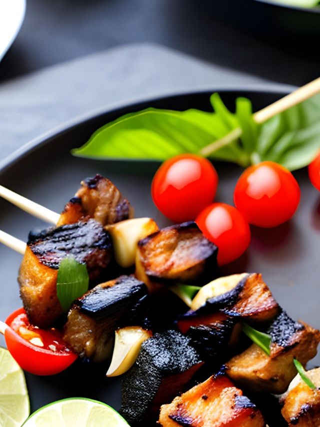 thai skewers on plate with tomatoes