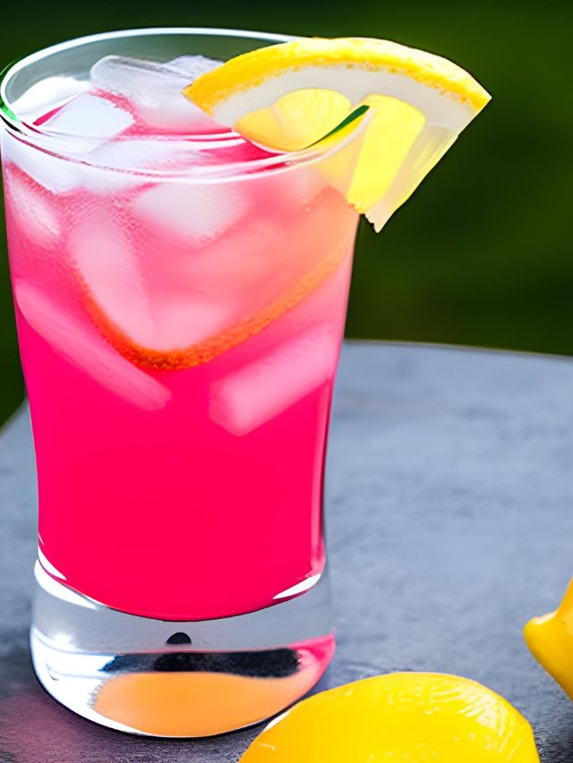 pink lemonade with lemon and glass