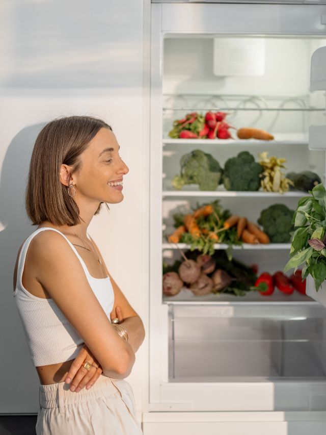 woman standing next to an open fridge