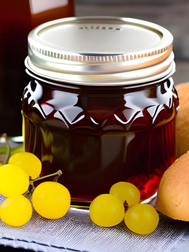 A jar of honey next to a loaf of bread and grapes.