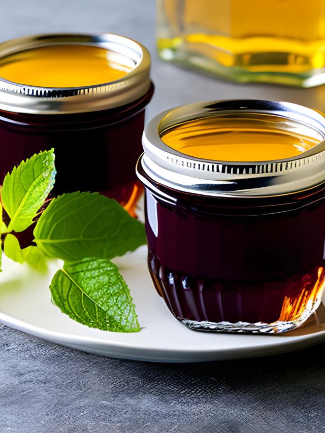 Two jars of honey with mint leaves on a plate.