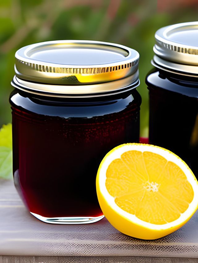 Two jars of jam next to a slice of orange.