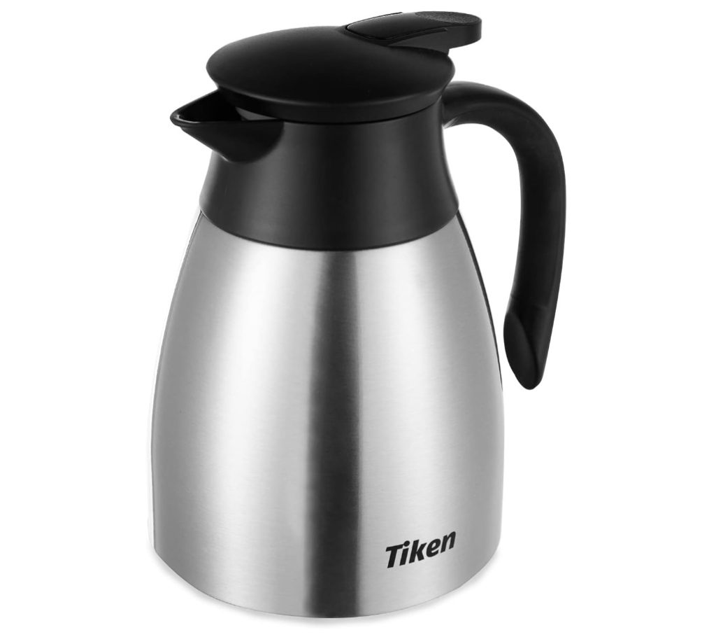 A stainless steel coffee pot on a white background.