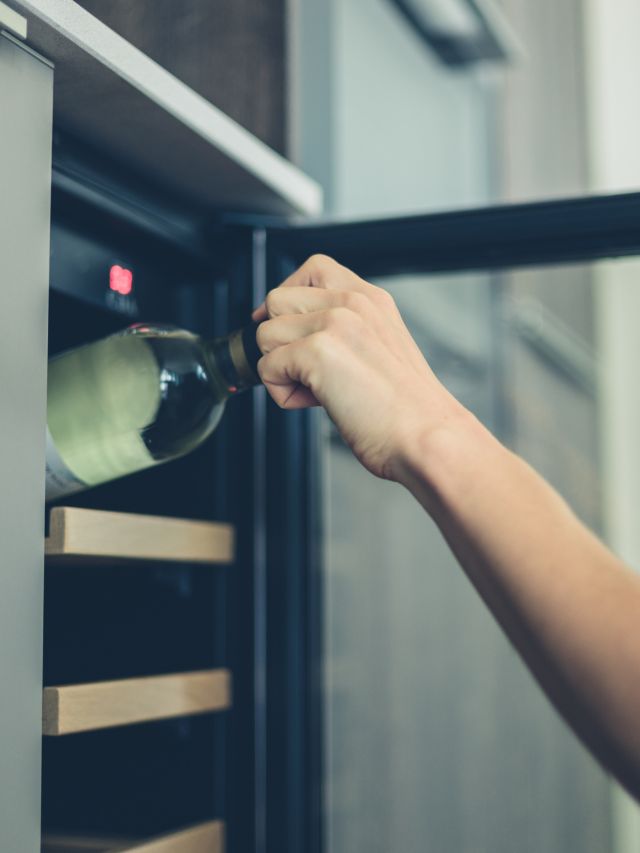 A person putting a bottle of wine into a refrigerator.