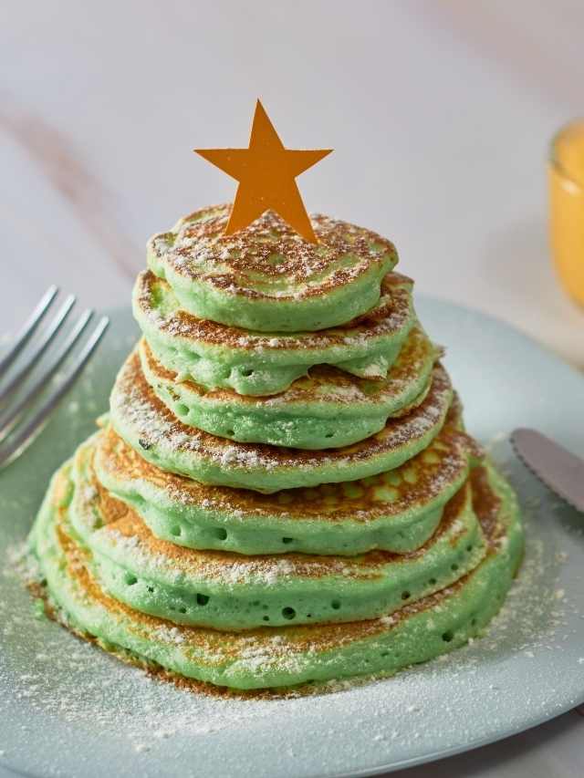 A stack of green pancakes with a star on top.