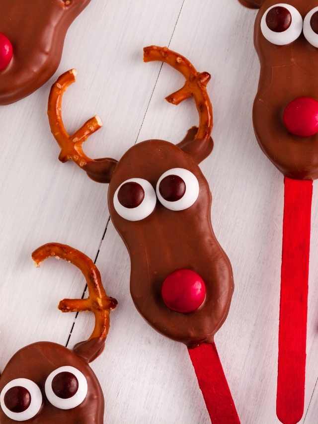Chocolate reindeer lollipops on sticks.