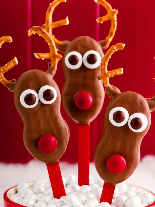 Three chocolate reindeer pops on a stick.