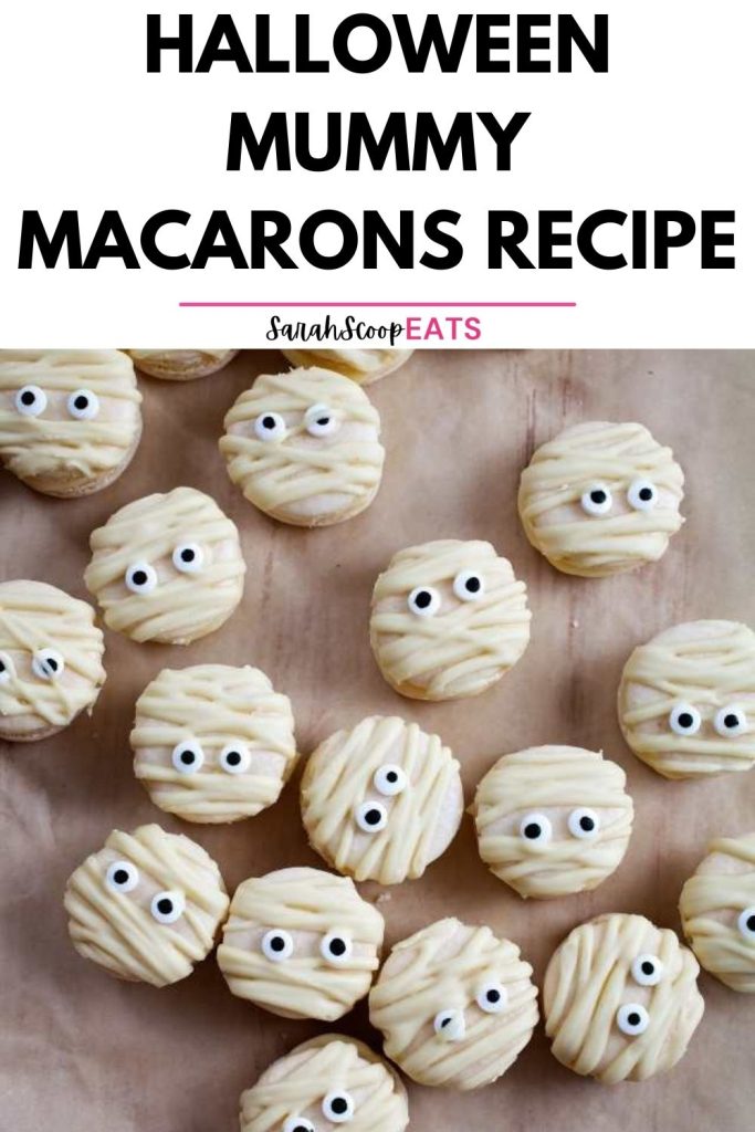 Halloween mummy macarons recipe Pinterest image