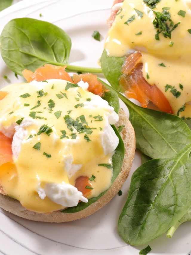 Eggs benedict with smoked salmon and spinach.