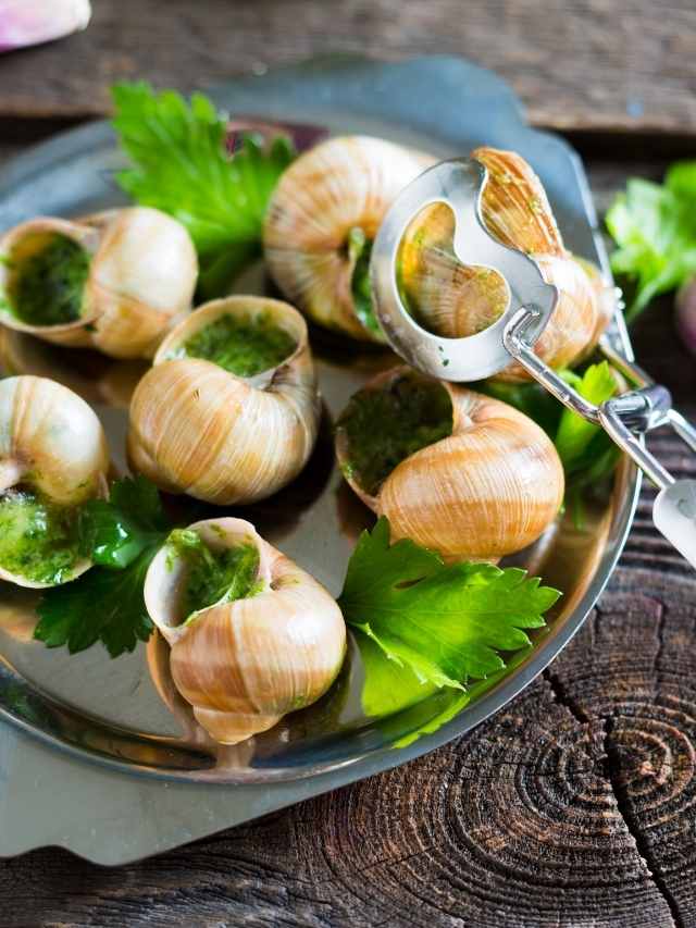 Snails with pesto sauce on a plate.