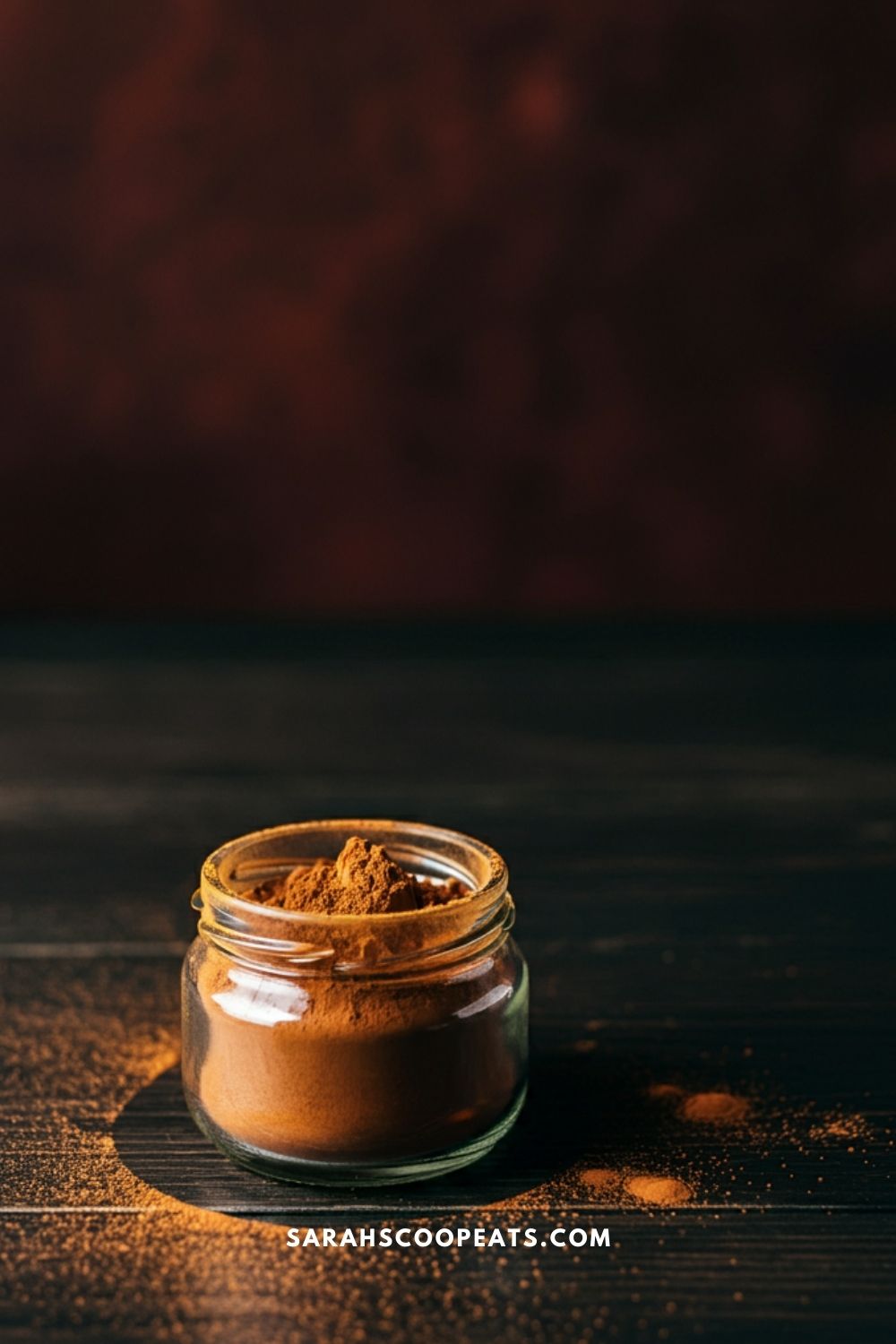 A small jar of ground cinnamon sits on a dark wooden surface, with cinnamon scattered around it.