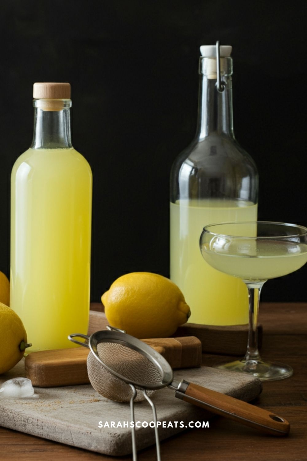 Two glass bottles of yellow liquid, a cocktail glass, lemons, and a strainer on a wooden surface.