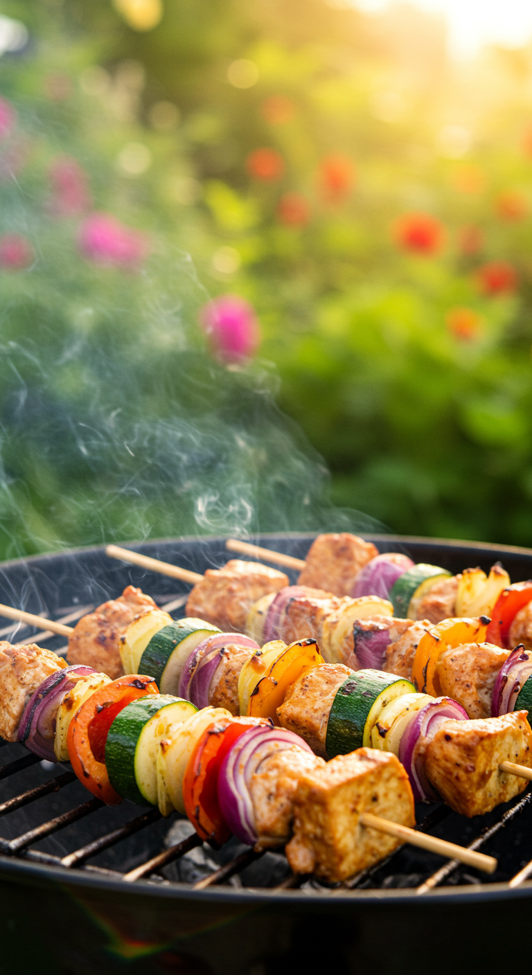 Vegetable and meat skewers grilling on a barbecue, with smoke rising and a garden with flowers in the blurred background.